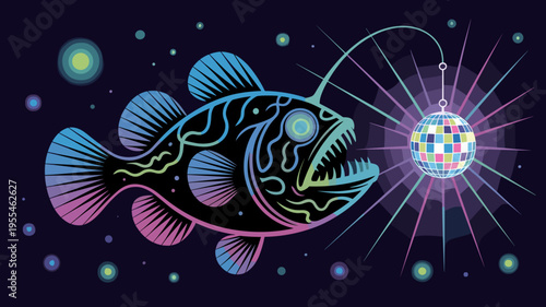 Neon deep sea fish with sparkling disco ball – Suitable for quirky marine life content, festival graphics, or unique lighting concepts.