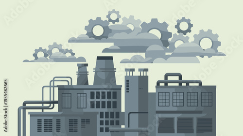 Vector industrial architecture with gear cloud sky – Suitable for corporate presentations, manufacturing icons, or gritty graphic design.