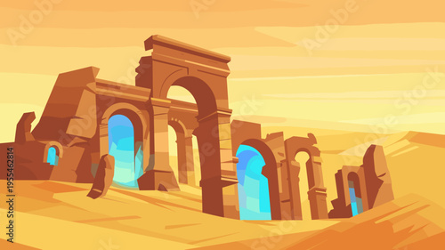 Minimalist sandstone ruins and floating azure portals – Great for digital wallpaper, adventure game assets, or surreal landscapes.