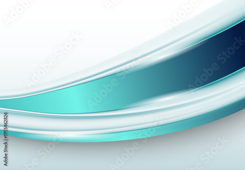 ターコイズブルーとホワイトが流れる滑らかな光沢ウェーブのクリーンな抽象背景デザイン