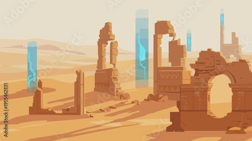 Sandstone desert ruins with blue portals vector – Ideal for sci-fi gaming backgrounds, fantasy book covers, or mystery concepts.