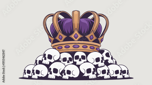 Royal purple crown resting on pile of skulls – Ideal for dark fantasy art, heavy metal music covers, or power and mortality themes.
