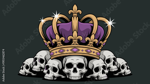 Vector crown and human skulls on dark background – Suitable for clothing brand logos, dark aesthetic decor, or luxury versus death.