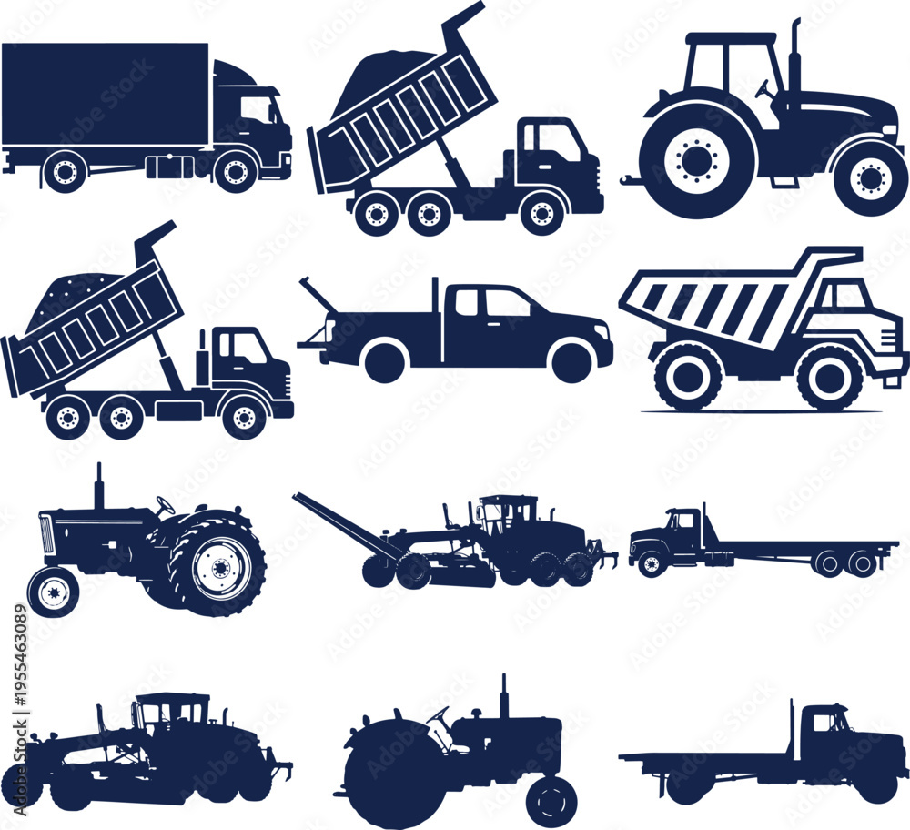 Fototapeta premium Blue silhouettes of various construction vehicles and tractors on a transparent background