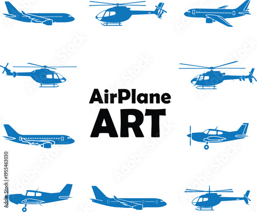 Aviation art collection featuring blue silhouettes of airplanes helicopters and light aircraft on transparent background set