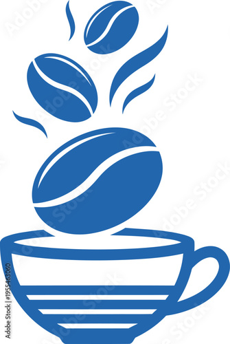 Aromatic coffee beans falling into stylish mug with steam lines representing fresh morning beverage breakfast cafe concept