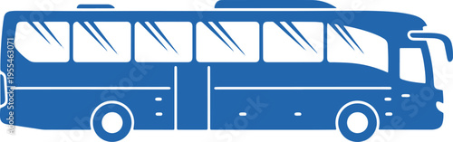 Blue silhouette of passenger bus with tinted windows on transparent background for transportation and travel graphic design