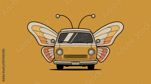 Mustard yellow flying van with insect wings – Perfect for creative transportation ads, fantasy road trips, or 70s art.