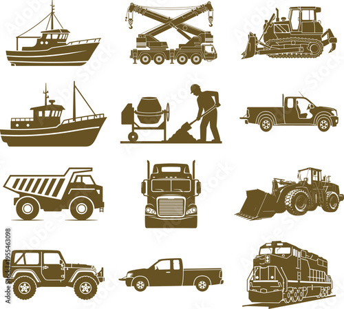 Brown transportation set different vehicles car bus train steamroller excavator forklift truck sailboat cargo ship van bulldozer