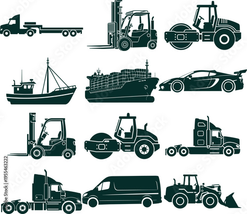 Dark green transportation set different vehicles car bus train steamroller excavator forklift truck sailboat cargo ship van bulldozer