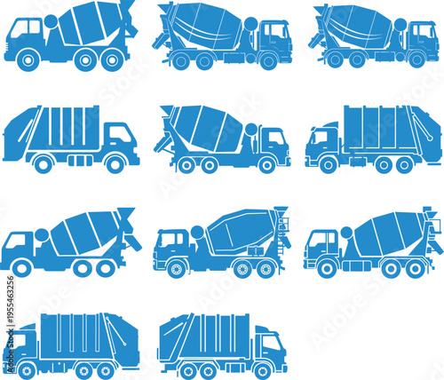 Industrial blue silhouettes of cement mixer trucks and garbage collection vehicles on transparent background for construction