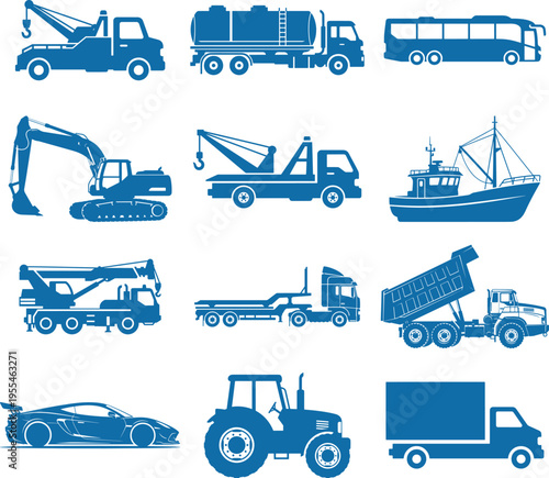 Industrial machinery silhouettes showing excavator tow truck crane dump truck fishing boat tractor and sport car collection