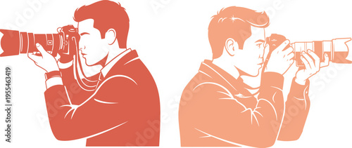 Silhouette of male photographer holding camera and looking through viewfinder taking picture against grey checkered background graphic illustration