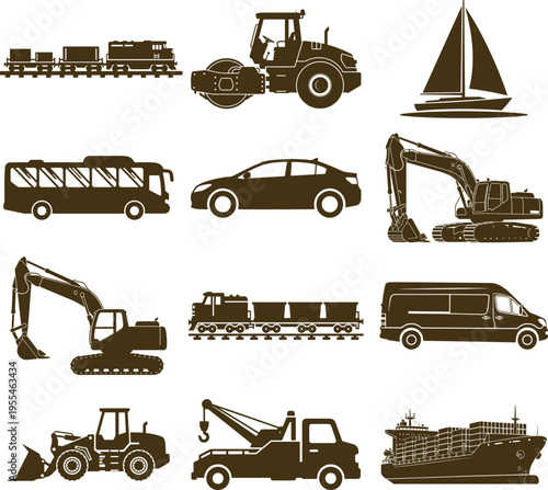 Transportation set different vehicles car bus train steamroller excavator forklift truck sailboat cargo ship van bulldozer