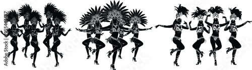 Silhouettes of samba dancers in colorful costumes with large feather headdresses, dancing energetically