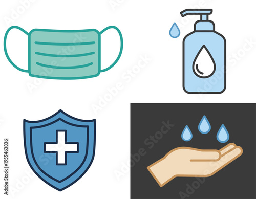 A medical mask, hand sanitizer, and protective shield with a hand under water droplets illustrate health precautions indoors.