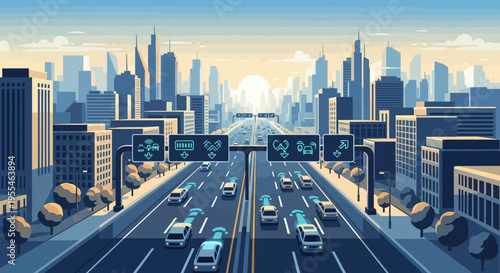 cityscape illustration with highway and skyscrapers at sunset