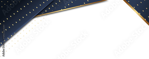 ネイビーとゴールドのドット装飾が美しいエレガントな斜めレイヤーフレーム背景（余白広め・高級バナーや招待状デザイン向け）