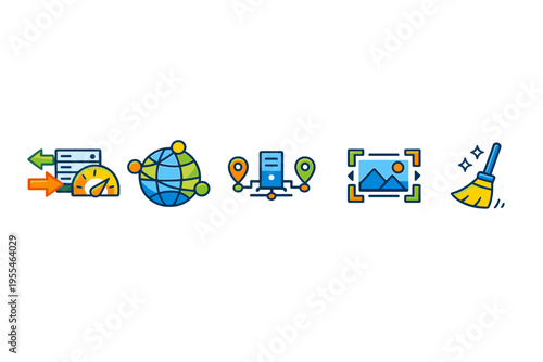 Collection of colorful technology icons on a dark background