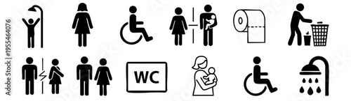 Public restroom signage icons set including bathroom symbols for male female accessibility