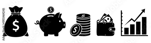 Financial business icons showing money bag piggy bank wallet coins and chart