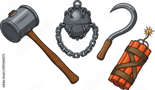 Cartoon style illustration of medieval and fantasy weapons including hammer, mace, sickle, and dynamite bundle, representing combat tools, destruction, and fictional gaming elements