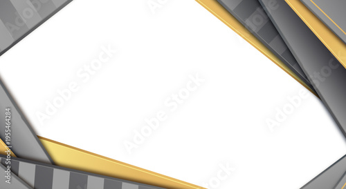 グレーとゴールドの立体レイヤーが重なる高級感あふれる幾何学フレーム背景（余白スペース・ビジネス向けラグジュアリーデザイン）