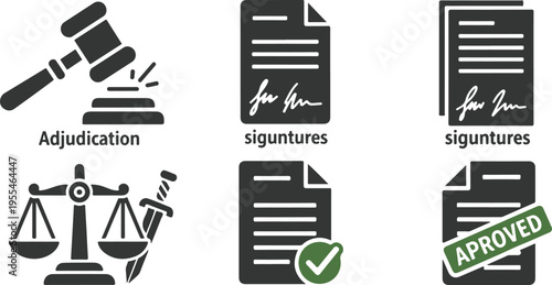 Legal approval and contract signing process with gavel, scales of justice, and approved signature stamps