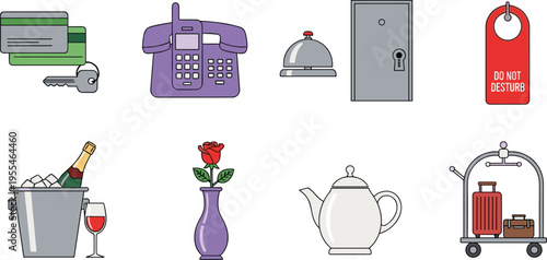 Collection of illustrated hotel and hospitality icons including keycard, service bell, luggage cart, champagne, teapot, rose vase, telephone, and do not disturb sign