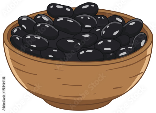 Black beans cooked legumes in bowl isolated illustration for healthy food design