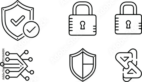 Flat design cybersecurity icons set with shield, padlock, encryption, and protection symbols for digital safety