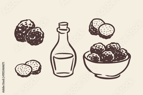 Truffle and truffle oil hand drawn sketch vector illustration