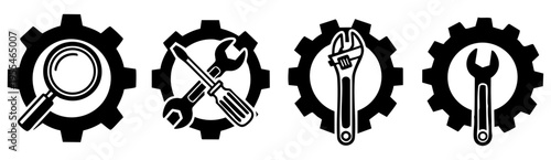 Industrial repair service icon set featuring black gears and professional hardware tools
