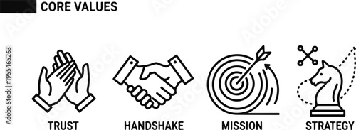 Flat design core business values icons with trust, partnership, mission, and strategy concepts on light background