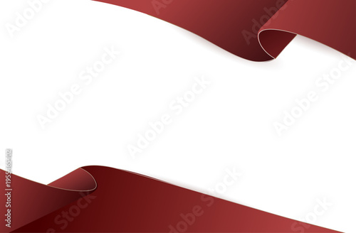 高級感のある深紅の立体リボンが流れるミニマルホワイト空間の抽象背景デザイン、エレガントで洗練された波状フォルムと余白を活かしたコピースペース素材