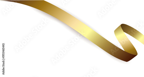 上品なゴールドメタリックリボンが優雅に舞うミニマル白背景の抽象デザイン、光沢と陰影が美しい高級感あふれる装飾ライン素材