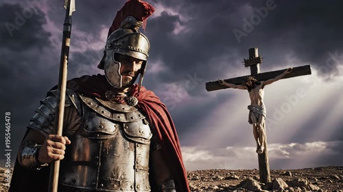 Roman soldier centurion standing in armor with spear before crucifixion cross under dramatic stormy sky biblical historic scene during easter Holy week