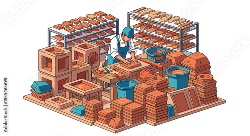 Artisan baker meticulously crafting bread loaves in a bustling bakery.