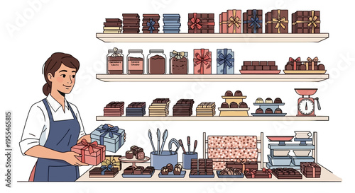 Woman holding gift box in a chocolate shop.