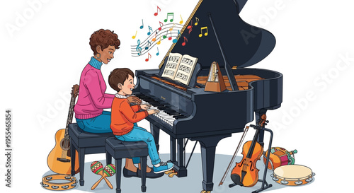 A young boy receives piano lesson from a teacher.