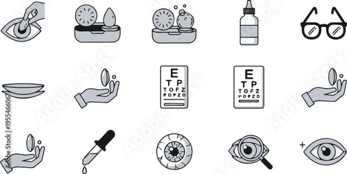 flat lay collection of medical and vision care icons with eyeglasses and eye exam chart