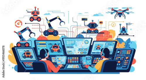 Robotics Control Center with Drones and Robotic Arms.