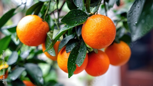 Citrus Fruit Growing in a Garden During a Rainy Day With Water Droplets on Leaves