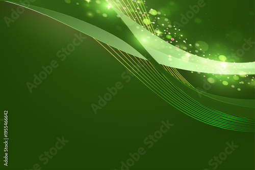鮮やかなグリーンのグラデーションと光粒がきらめく未来的なウェーブラインの抽象背景（エコ・テクノロジーイメージ）