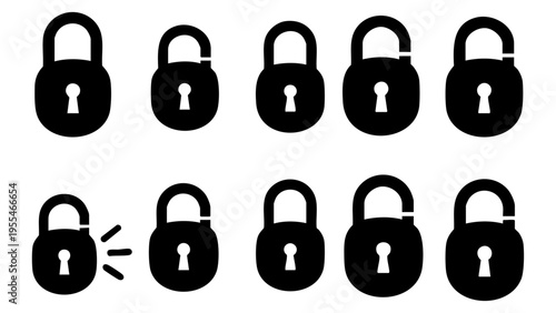 Set of black padlock security icons showing both locked and unlocked states