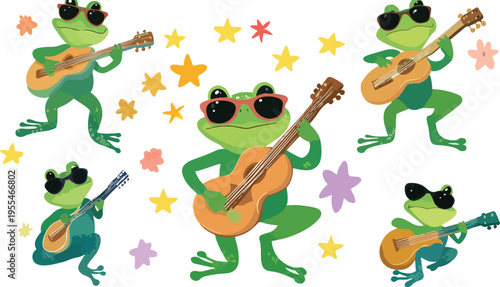 Funny cartoon frog musicians with happy smiles isolated on green leaves vector illustration