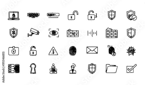 Minimal cybersecurity line icons collection with password lock firewall and access control symbols vector