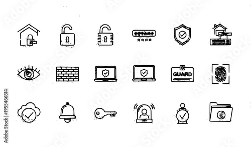 Modern security line icons set with cyber lock shield firewall and password protection symbols vector