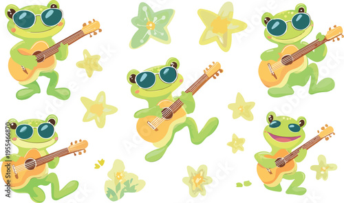 Seamless cartoon pattern of funny green animals and musical instruments with guitars and happy frogs