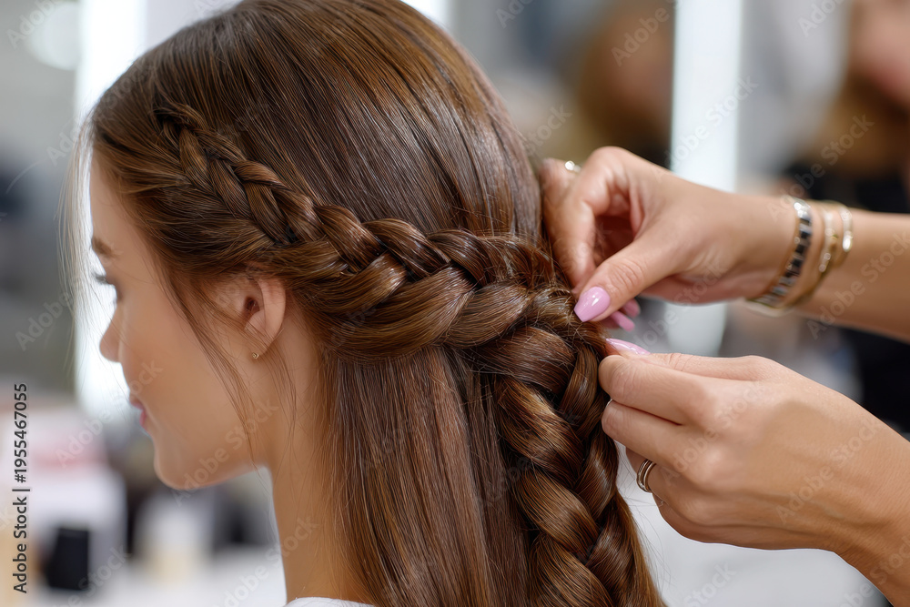 Fototapeta premium Hair styling in a salon featuring intricate braiding techniques